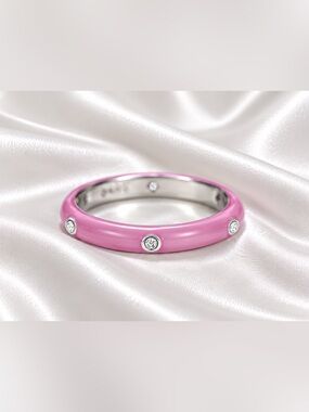 💝 Pink Enamel & Silver Tone CZ Band Ring | Unisex | New | 7